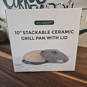 Servappetit Ceramic Grill Pan‎ with Lid Stackable 10 inch Gray